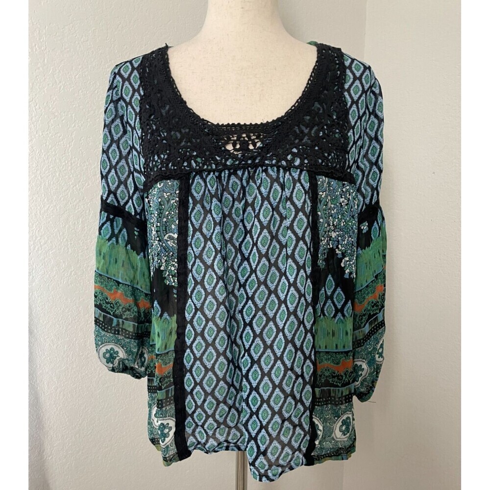 Bila Boho Peasant Top Womens Large Multicolor Sheer Crochet Festival Hippie